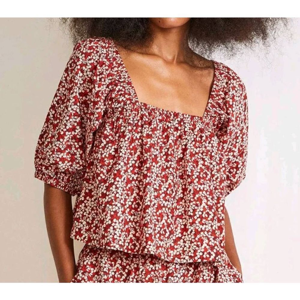 Apiece Apart Gali Shirred Poplin Square Neck Floral-Print Blouse Sz Medium